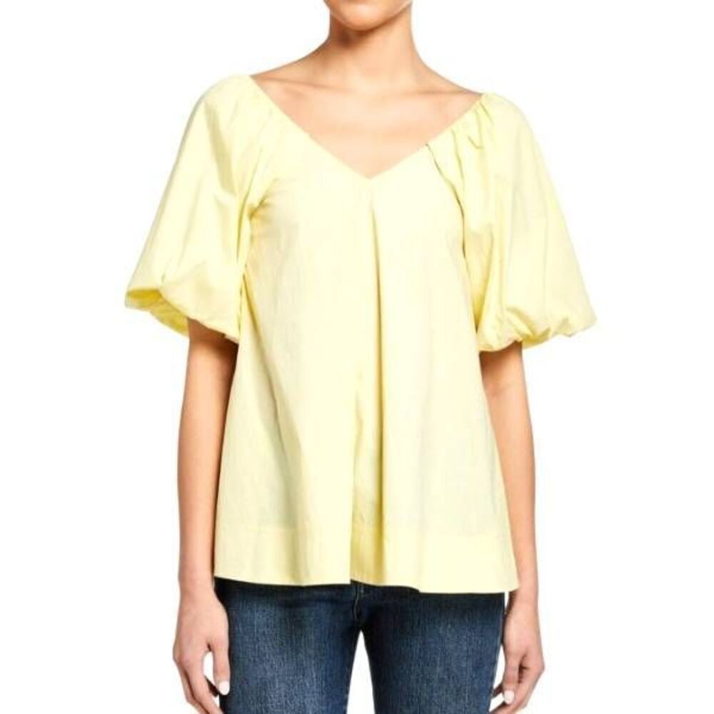 Co.  Puff Sleeves Top Blouse Yellow Cotton Nylon Blend V-Neck Size XS